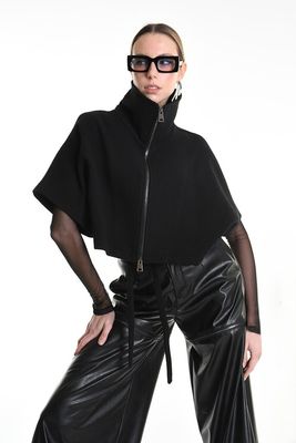 Black Cropped High Collar Jacket – Avant-Garde Zip Front Designer Top