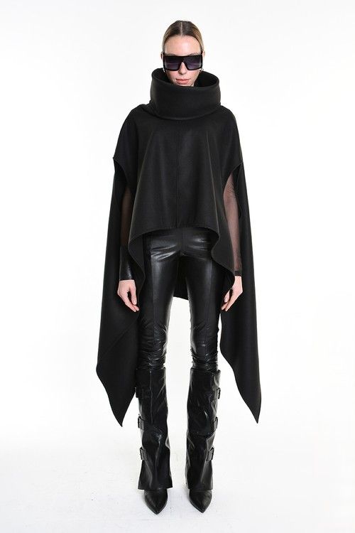 Black High Collar Cape Top – Avant-Garde Asymmetrical Designer Poncho
