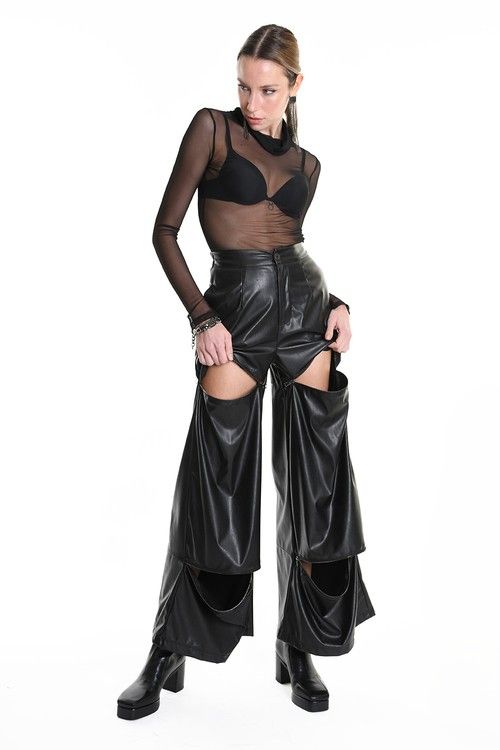 Black Cut-Out Leather Pants – Avant-Garde Layered Designer Trousers