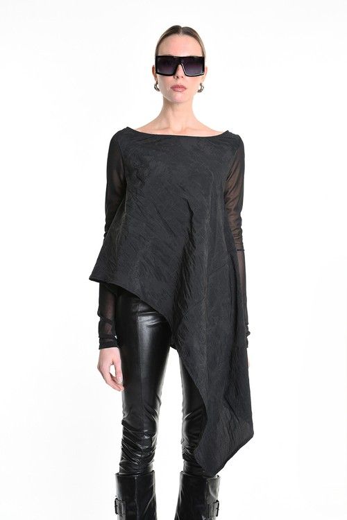 Black Asymmetrical Draped Top – Avant-Garde Sheer Sleeve Designer Blouse