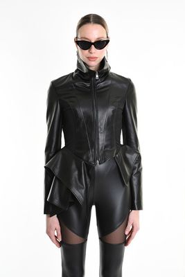 Black Leather Peplum Jacket – Avant-Garde Structured High Collar Designer Jacket