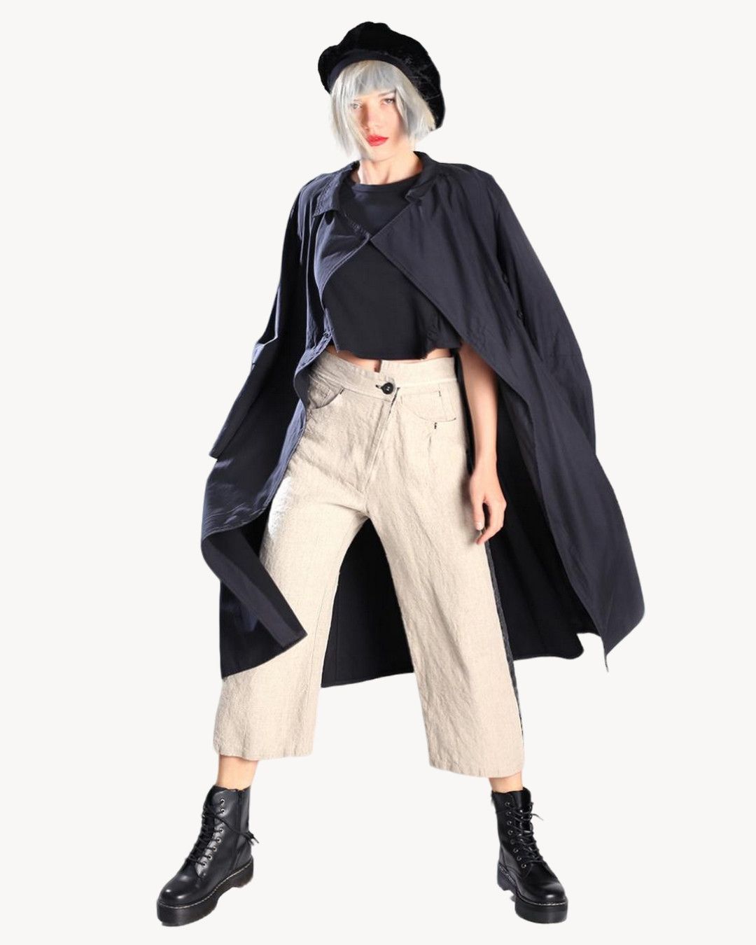 Beige Wide-Leg Linen Pants with Contrast Panels