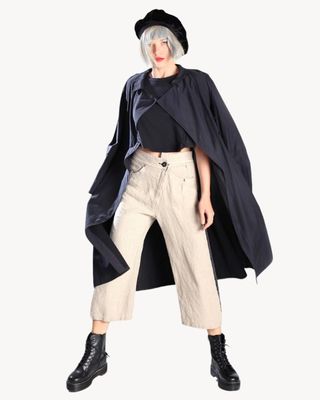 Beige Wide-Leg Linen Pants with Contrast Panels