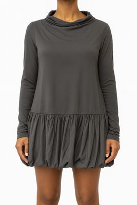 Grey Balloon Hem Tunic Dress with Draped Neckline