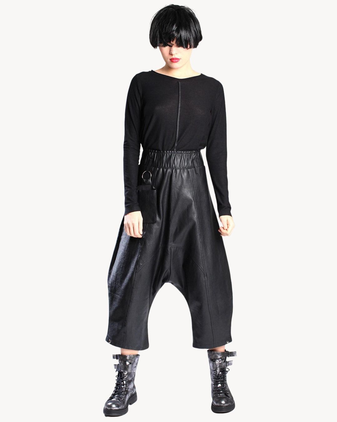 Black Drop-Crotch Pants with Pocket Detail - Women’s Avant-Garde Cropped Pants