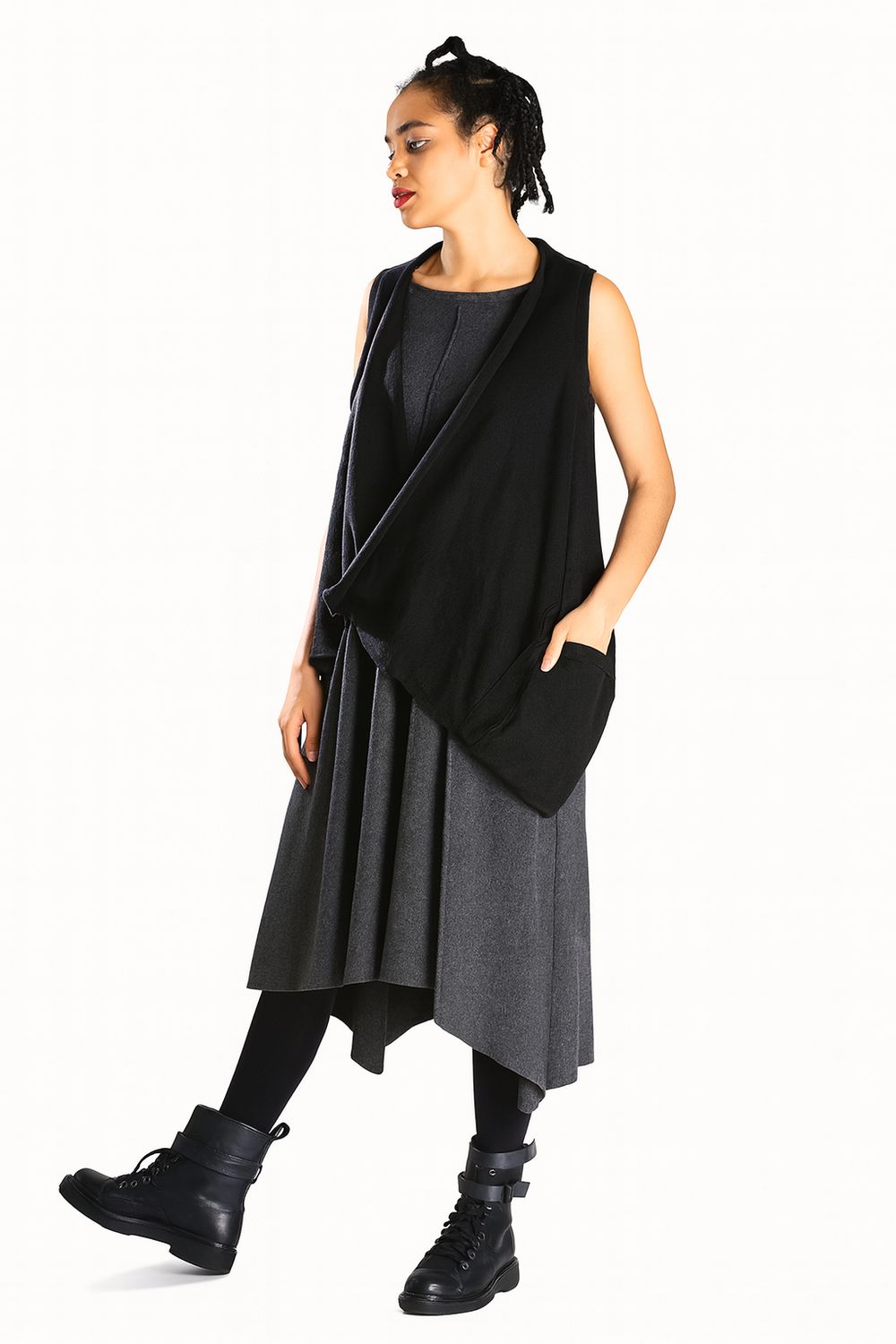 Draped Black Sleeveless Vest - Asymmetrical Layering Piece