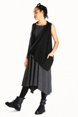 Draped Black Sleeveless Vest - Asymmetrical Layering Piece