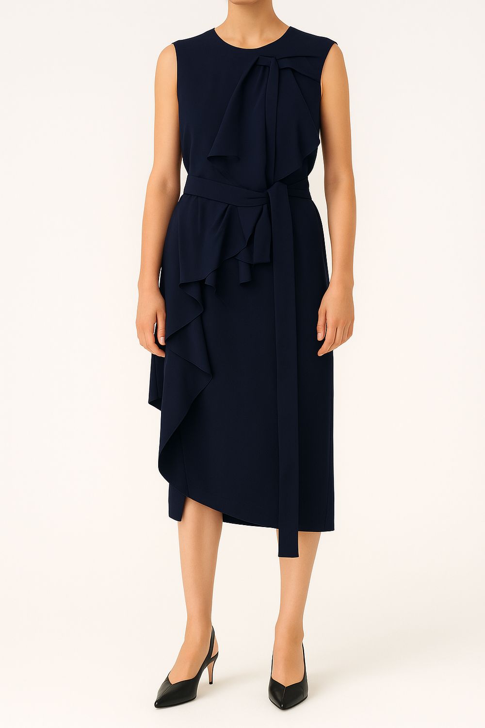 Navy Asymmetric Draped Midi Dress