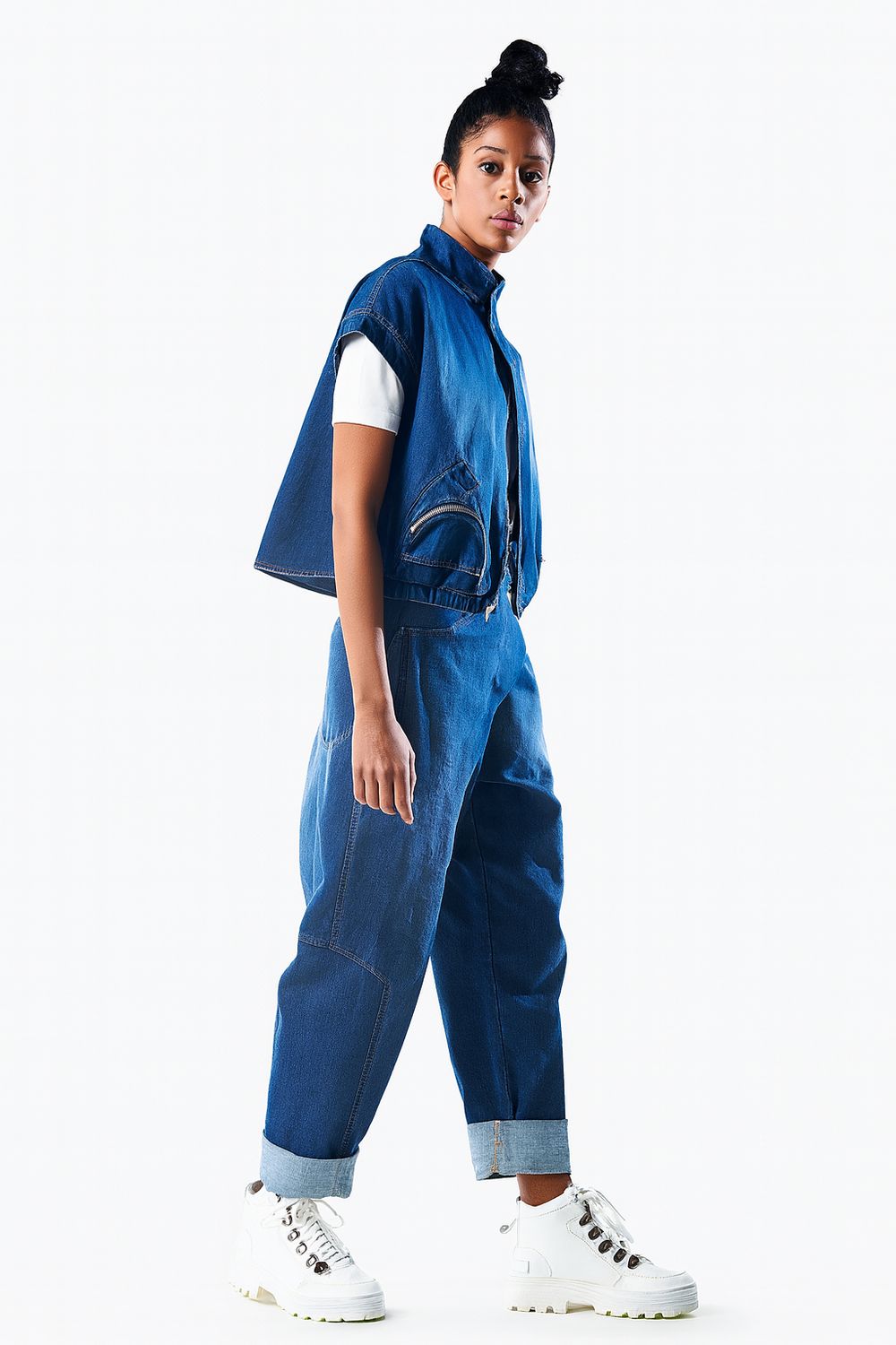 Oversized Cropped Stretch Denim Waistcoat