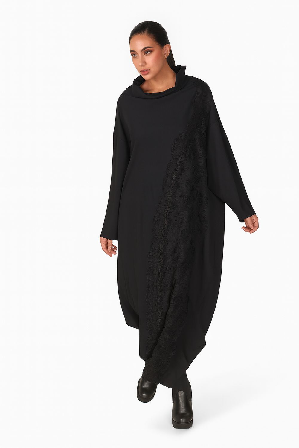 Black Asymmetrical Long Sleeve Midi Dress