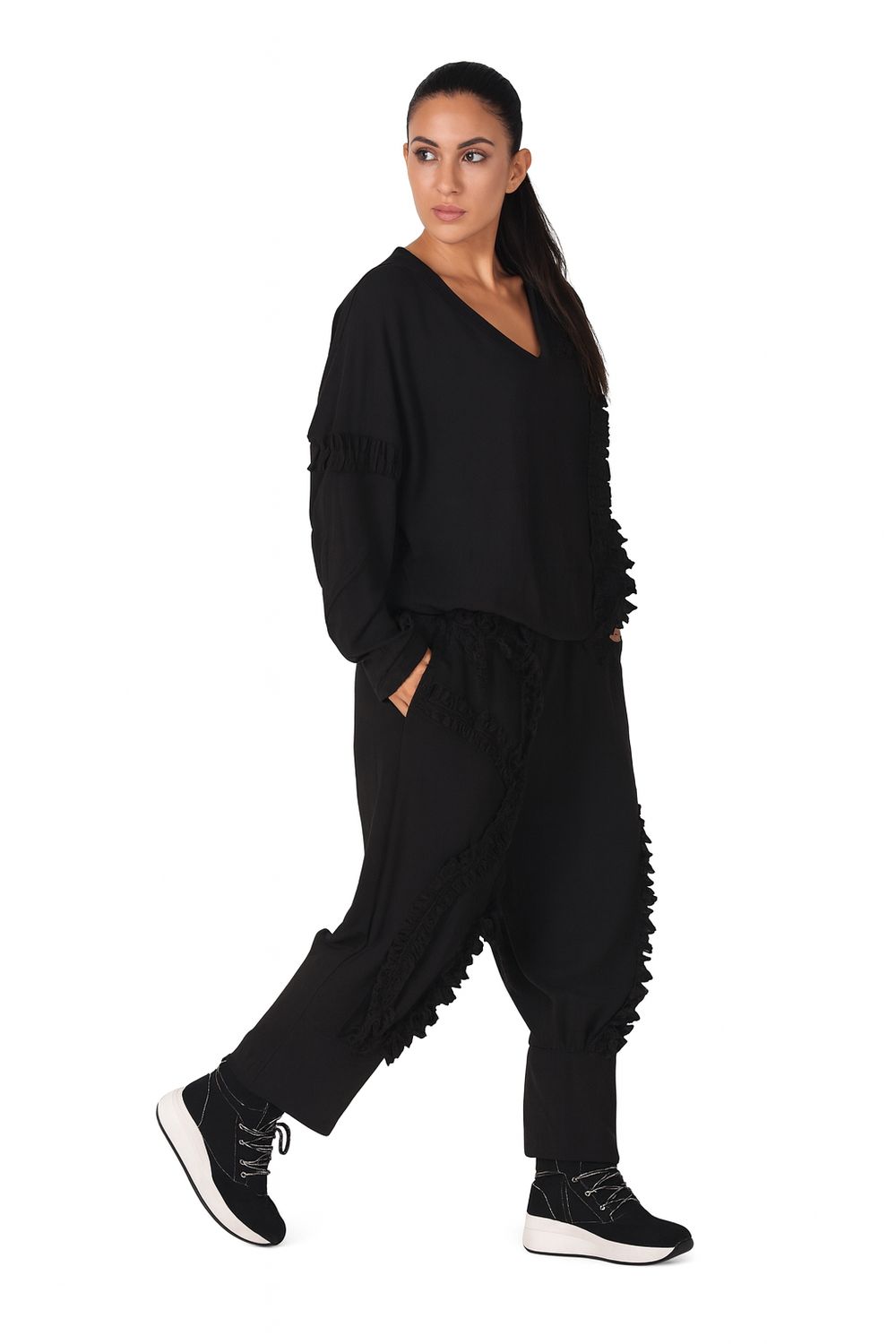 Black Textured Ruffle Pullover Blouse &amp; Textured Ruffle Pants Set