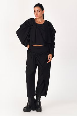 Black Draped Statement Sleeve Blouse Top &amp; Tie-Front Pants Set