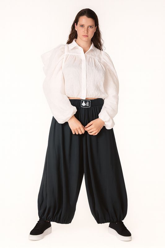 Voluminous Wide-Leg Black Pants with Logo Waistband