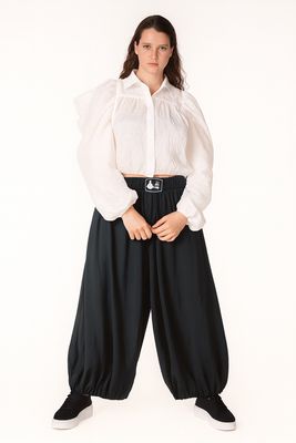 Voluminous Wide-Leg Black Pants with Logo Waistband