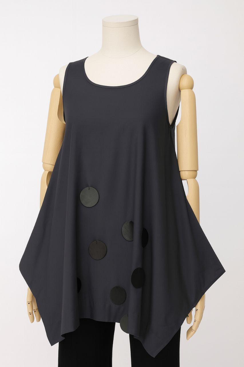 Black Flared Sleeveless Top with Circular Appliqués