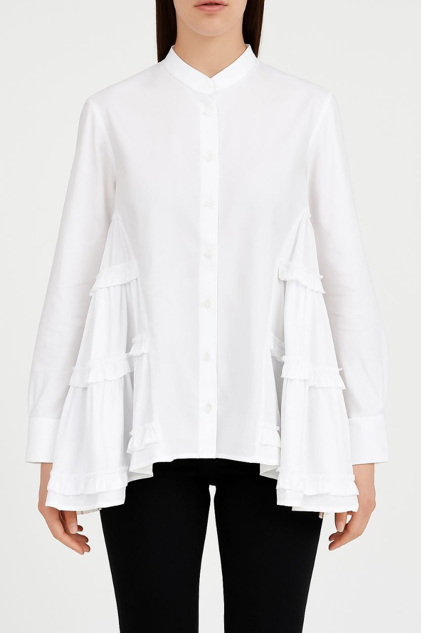 White Ruffle Panel Button-Down Blouse