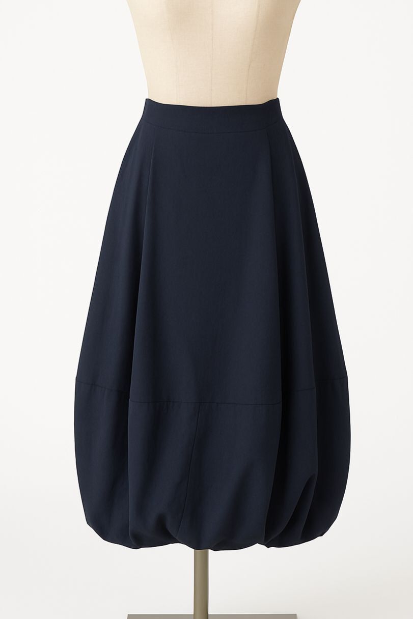 Navy Balloon Midi Skirt with Gathered Hem