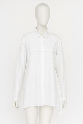 White Longline Button-Down Shirt with Asymmetrical Hem