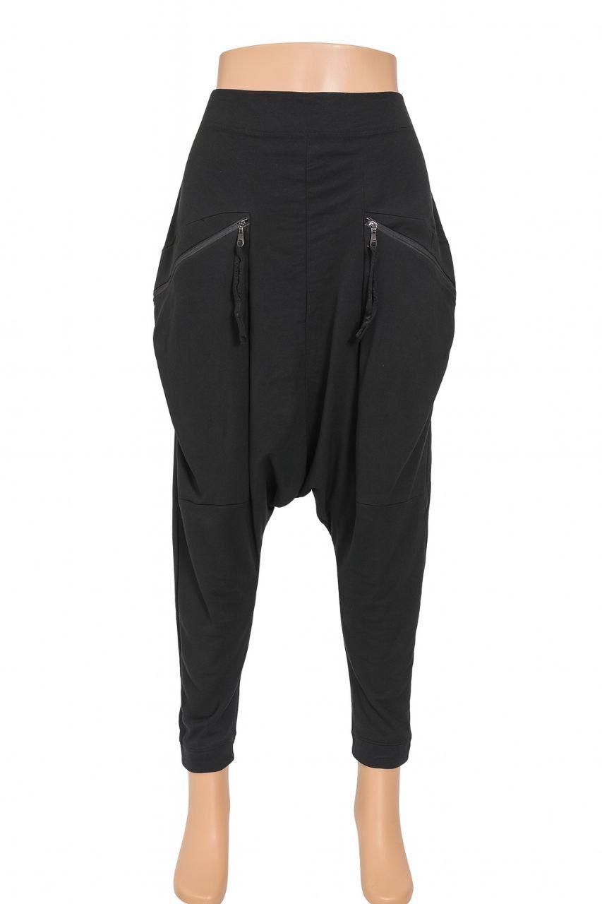 Black Drop-Crotch Pants with Zipper Pockets