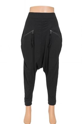 Black Drop-Crotch Pants with Zipper Pockets