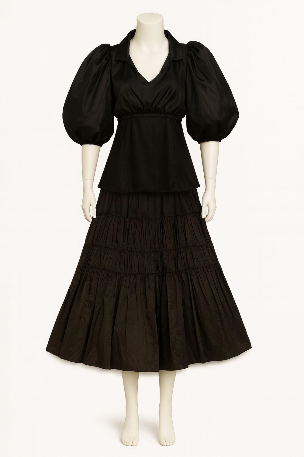 Black Tiered Skirt &amp; Puff Sleeve Bolero Set with Belt