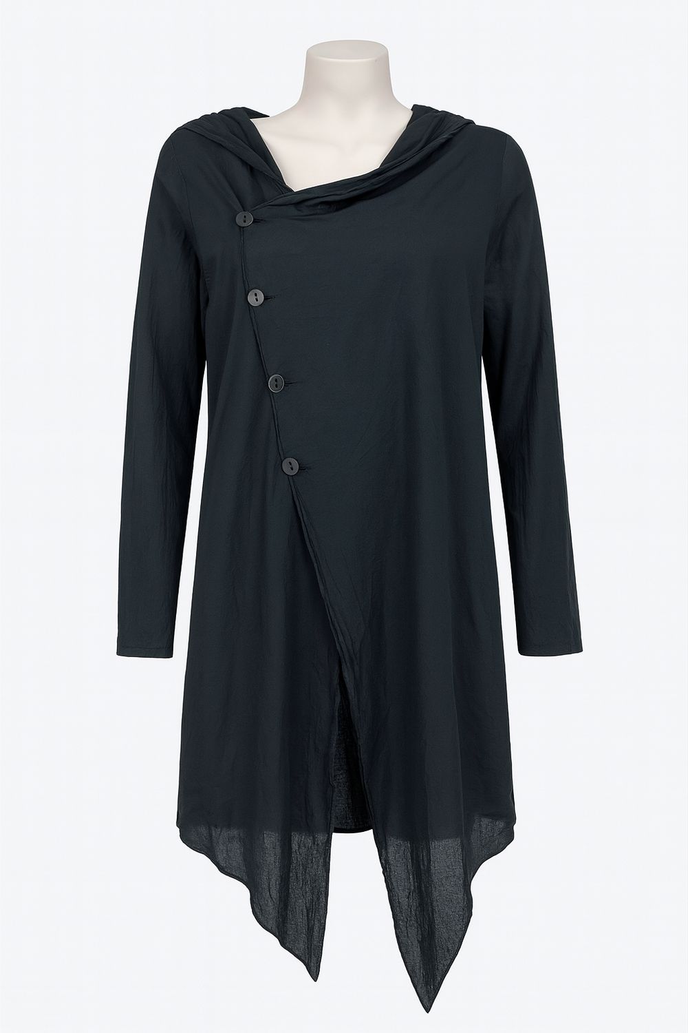Asymmetrical Buttoned Black Cotton Cardigan with Hood