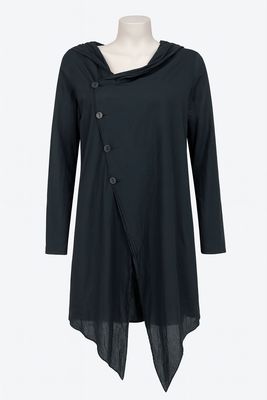 Asymmetrical Buttoned Black Cotton Cardigan with Hood