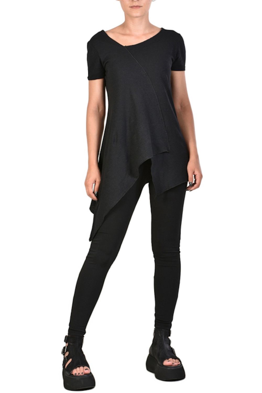 Asymmetrical Hem Black Cotton T-Shirt