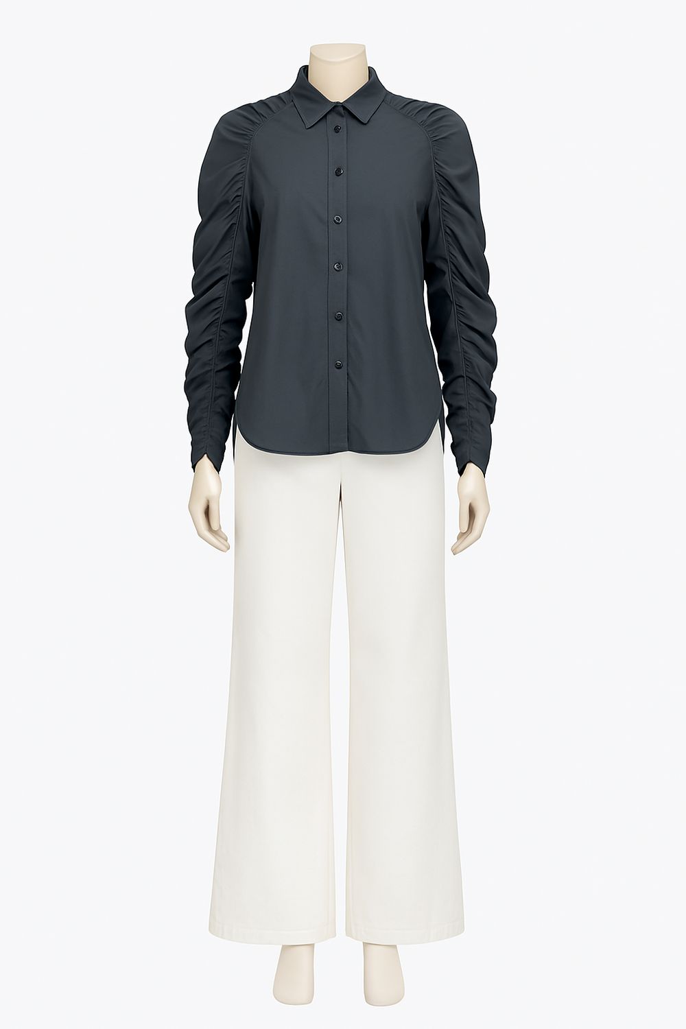 Black Cotton Shirt with Ruched Sleeves and Asymmetrical Hem