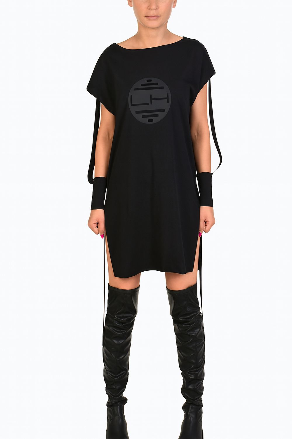 Black White Cotton T-Shirt with Removable Cuffs and Side Tie Details