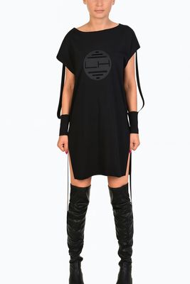 Black White Cotton T-Shirt with Removable Cuffs and Side Tie Details