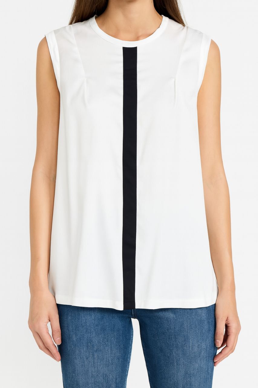 White Sleeveless Top with Black Vertical Stripe