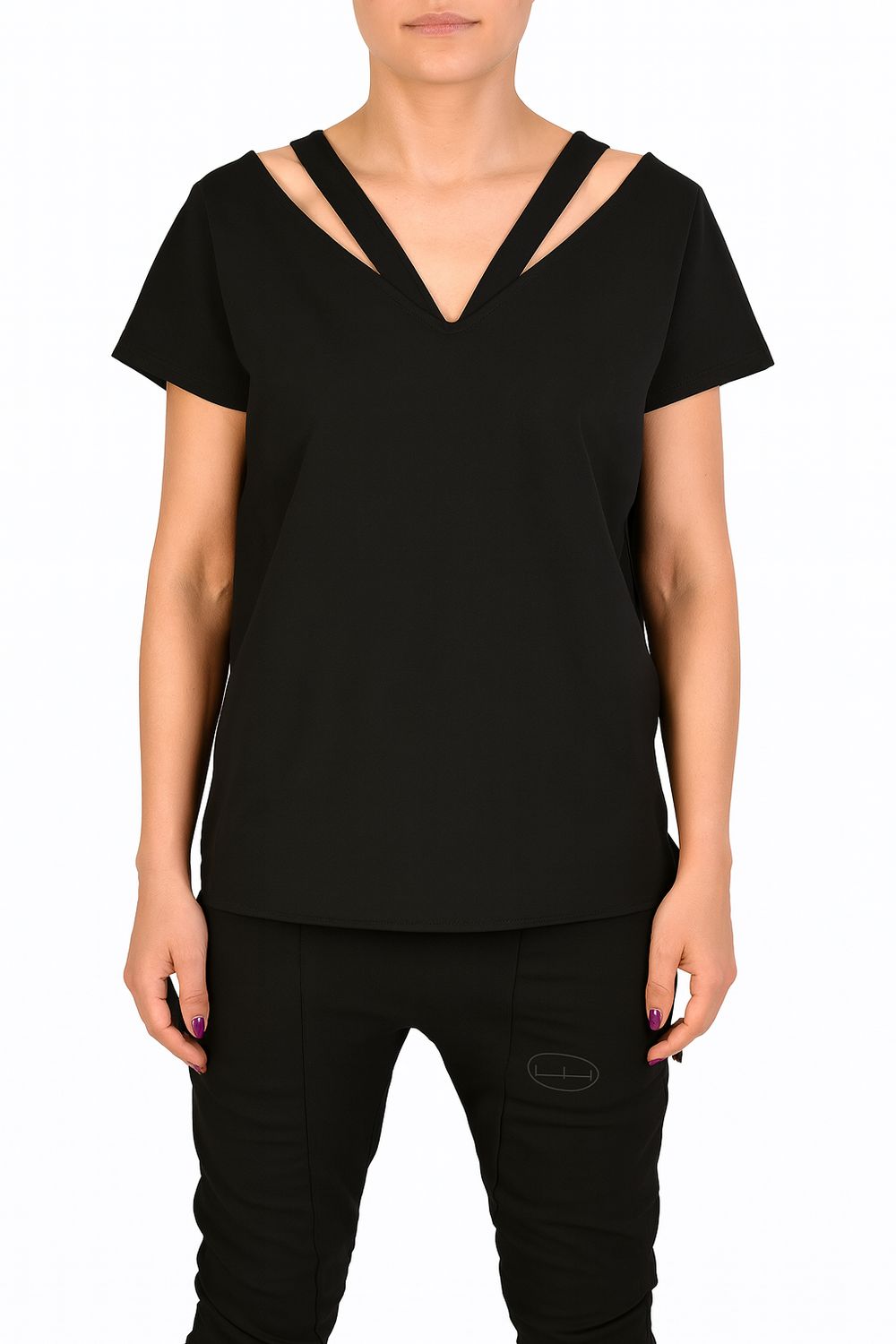 Black V-Neck Strap Detail Stretch Fleece Top