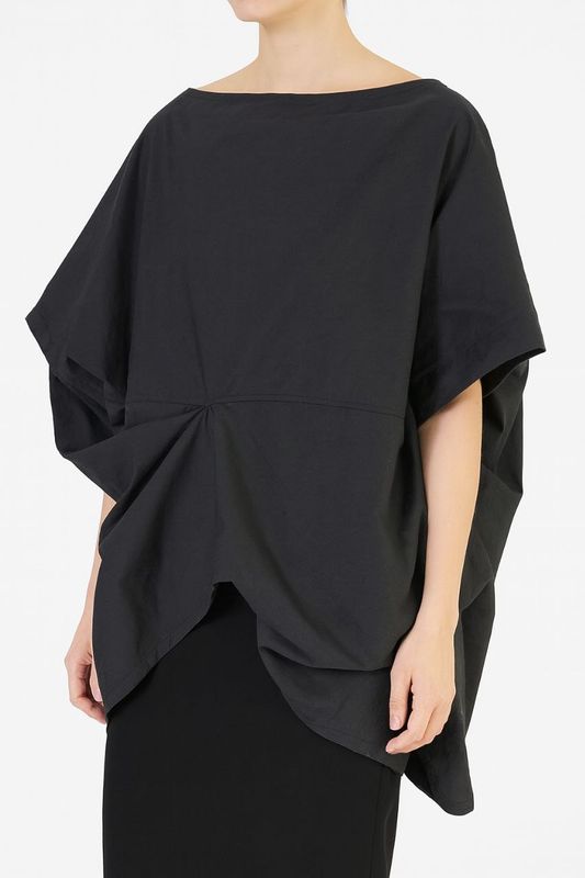Black Oversized Draped V-Neck Top