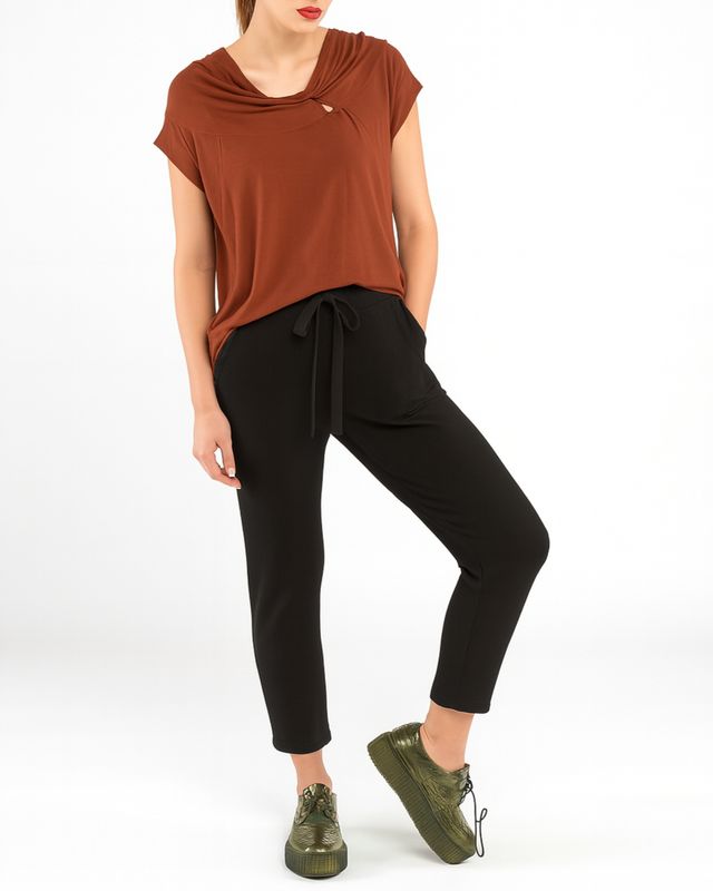 Brown Draped Neckline Short-Sleeve Top