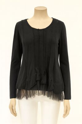 Black Long-Sleeve Top with Tulle Hem