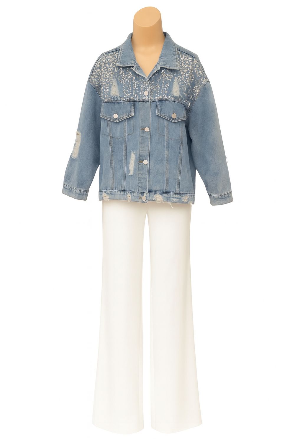 Embellished Distressed Oversized Denim Jacket