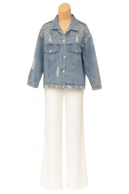 Embellished Distressed Oversized Denim Jacket