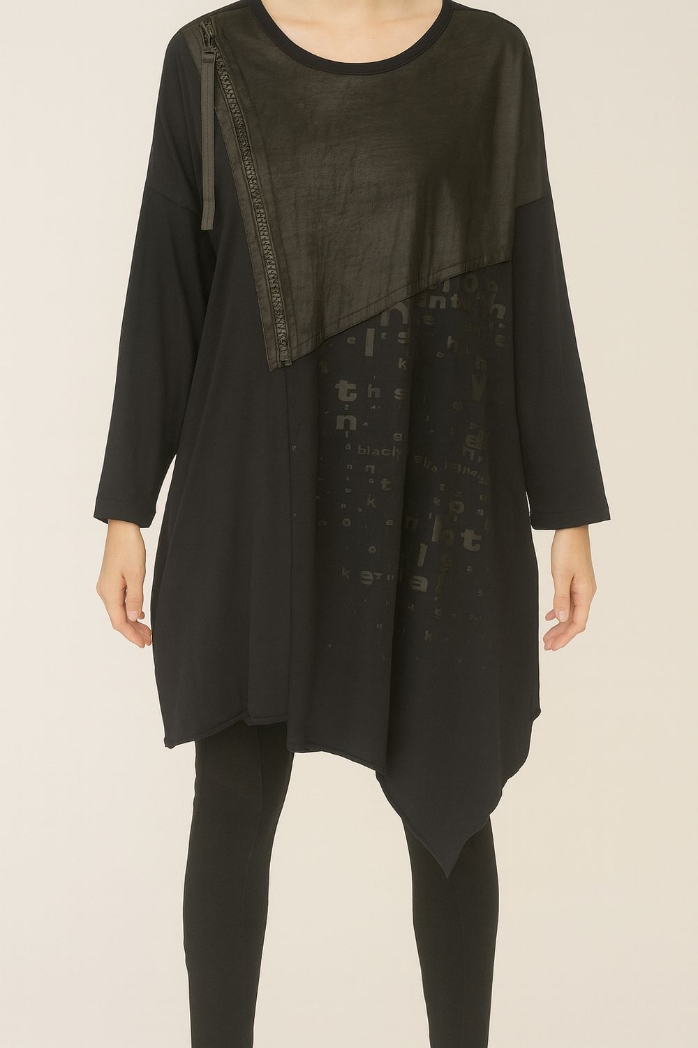 Black Asymmetrical Tunic Top with Zipper and Text Print