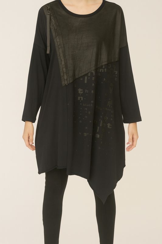 Black Asymmetrical Tunic Top with Zipper and Text Print