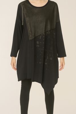 Black Asymmetrical Tunic Top with Zipper and Text Print