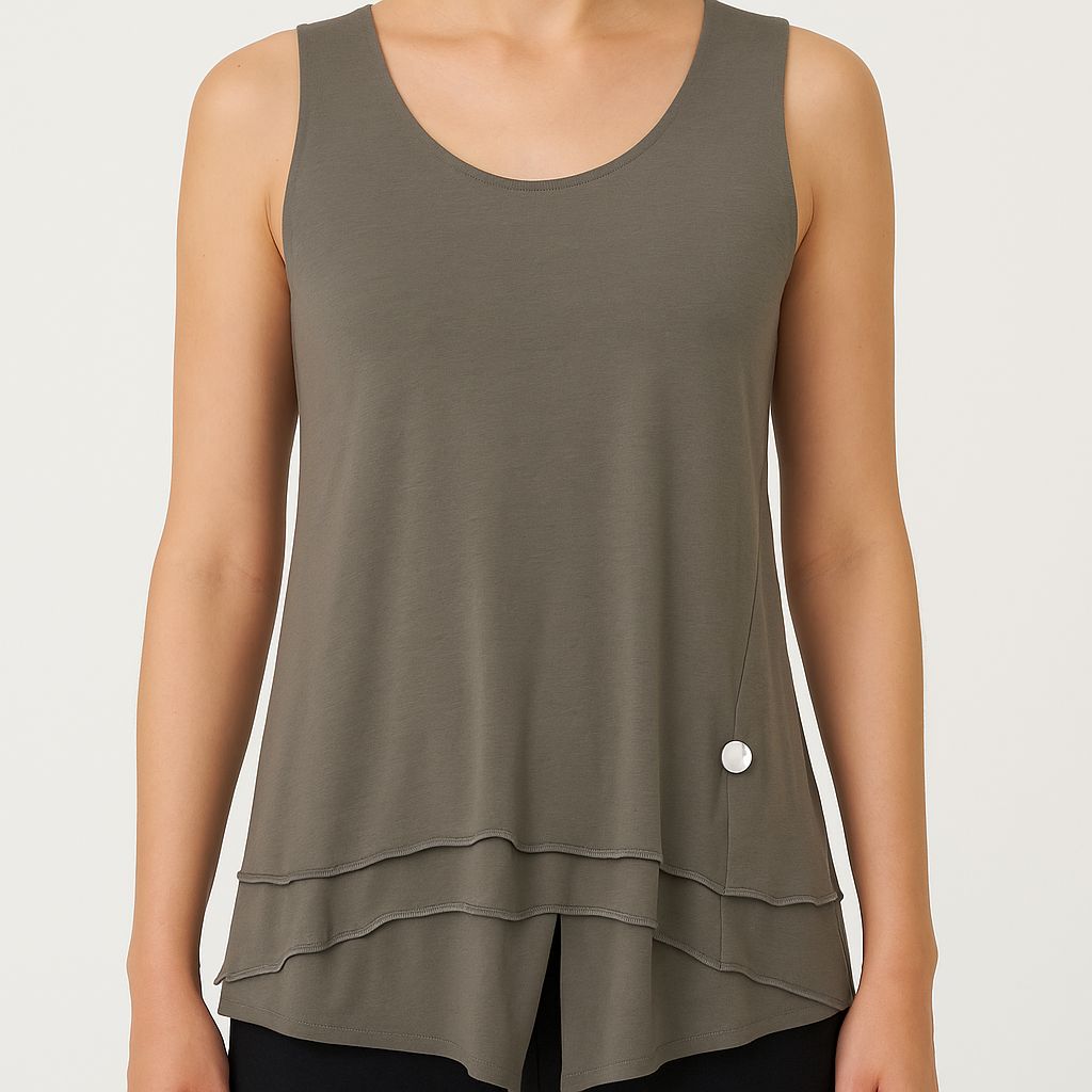 Khaki Sleeveless Tunic Top with Layered Hem