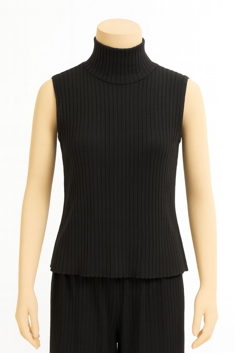 Black Ribbed Sleeveless Turtleneck Top