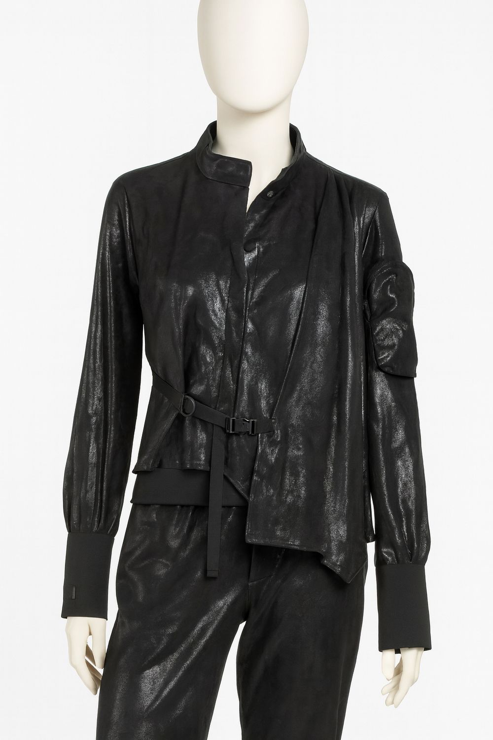 Black Asymmetrical Belted Jacket with High Collar
