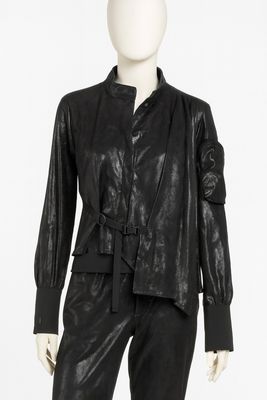 Black Asymmetrical Belted Jacket with High Collar