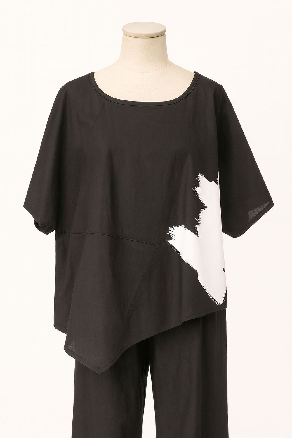Black Asymmetrical Top with White Abstract Print