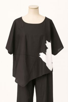 Black Asymmetrical Top with White Abstract Print