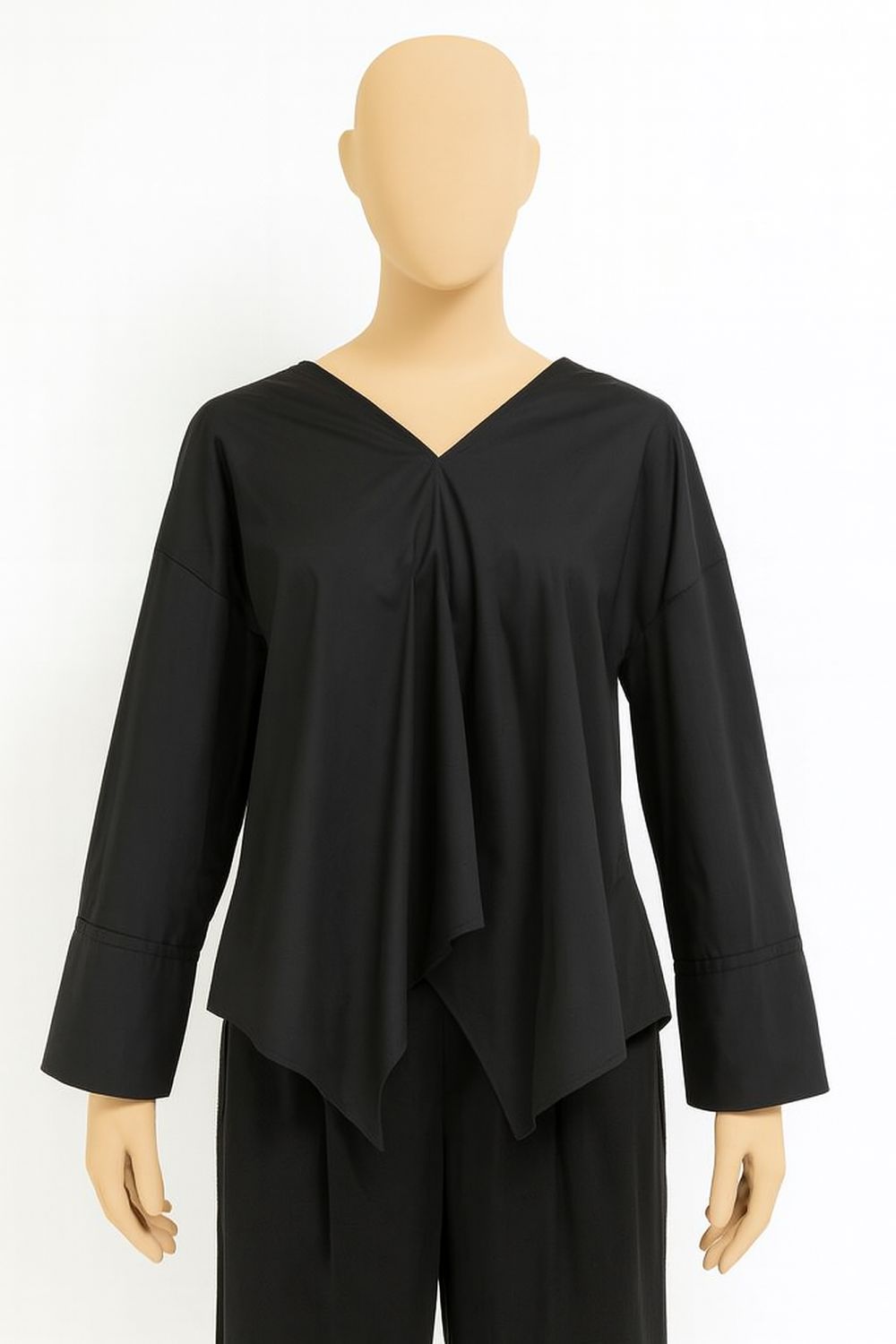 Black Draped V-Neck Long Sleeve Blouse