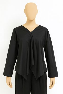 Black Draped V-Neck Long Sleeve Blouse