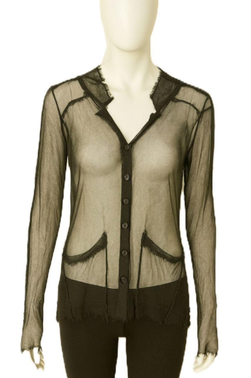 Sheer Black Mesh Button-Down Shirt with Raw Edges